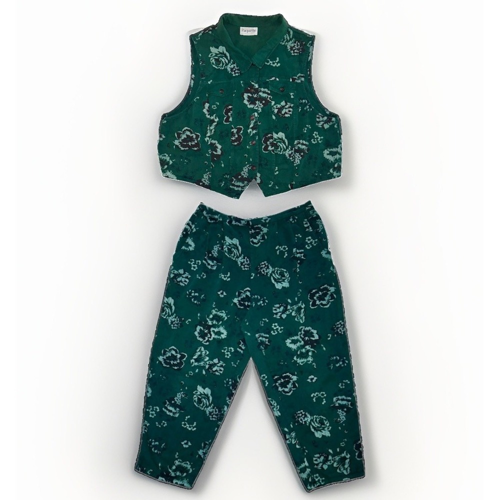 Vtg Paquette Byer California Green Floral 2-PC Mixed Set 3X Vest 2X Trousers USA